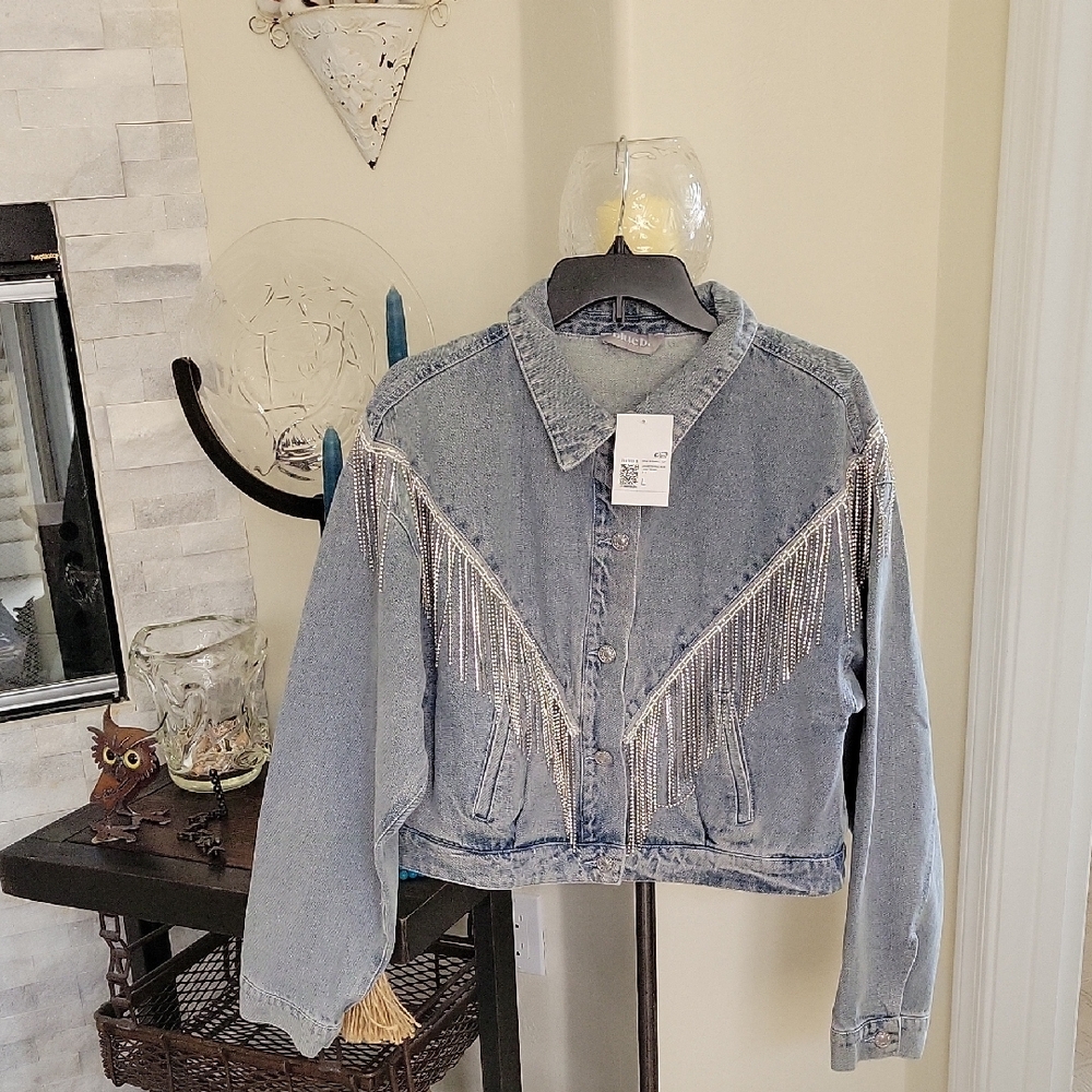 Forever 21 Blue Jean Jacket with Silver Fringe